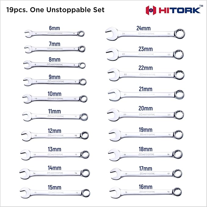 HITORK 19 Piece Metric Combination Wrench Set (6??4mm) Cr-V Steel Mirror Chrome Finish 12-Point Box End, 15째 Offset, Roll-Up Pouch ??Durable Open End Wrench Set for Home, Garage & Auto Repair