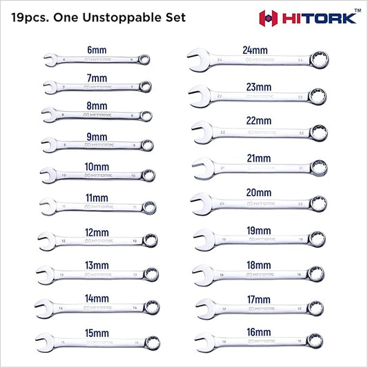 HITORK 19 Piece Metric Combination Wrench Set (6??4mm) Cr-V Steel Mirror Chrome Finish 12-Point Box End, 15째 Offset, Roll-Up Pouch ??Durable Open End Wrench Set for Home, Garage & Auto Repair