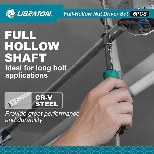 LIBRATON Full-Hollow Nut Driver Set SAE, 12-Point Magnetic Nut Drivers, Hollow Shaft for Long Bolts, 6PCS Heavy Duty Magnetic Nut Drivers with Through-Handle, 1/4, 5/16, 11/32, 3/8, 7/16, 1/2Inch
