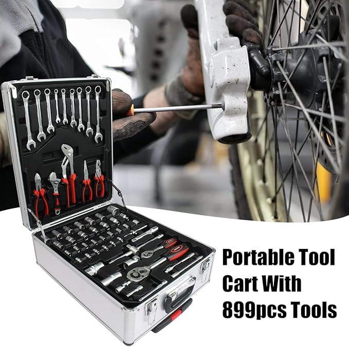 Aokleo 899PCS Tool Set, Household Tool Kit with Rolling Tool Box, Complete Tool Box Set Hand Tool Set with Tool Box, Mechanic Tool Set Rolling Tool Set for Auto Repair/Home Tool Set (White)