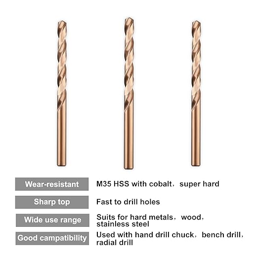 1/4" M35 Cobalt HSS Jobber Length Twist Drill Bit with Straight Shank,Heavy Duty, Pack of 10 PCS, Drilling for Cast Iron, Heat-Treated Steel, Stainless Steel and Other Hard Materials by LU&MN