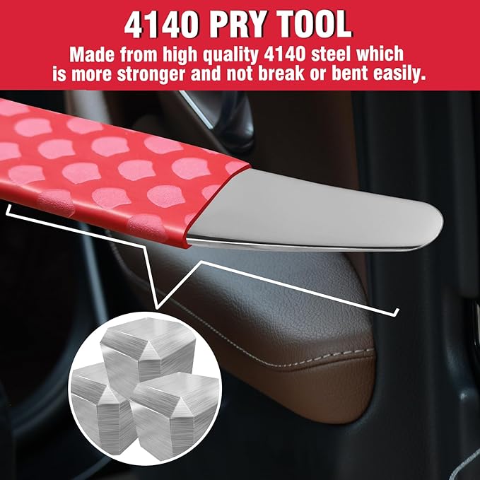 4140 Steel Pry Tool, Auto Trim Removal Tool Pry Bar for Vehicle Door Panel, Audio Radio Panel, Dashboard Repair Upholstery Tool, Pack of 1 Red
