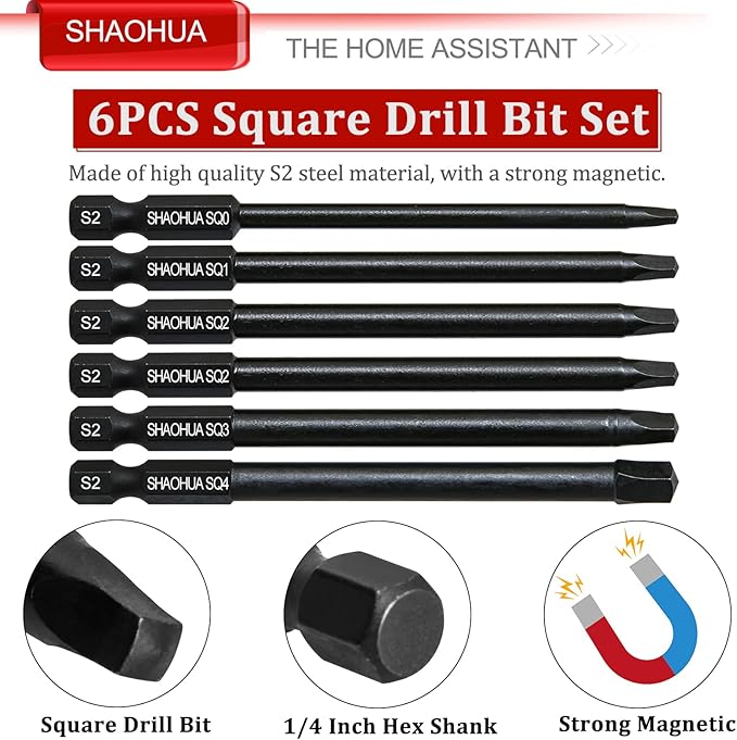 6PCS Square Drive Bits, SQ0/1/2/3/4 Allen Wrench Screwdriver Set, 4 Inch竊?00mm) Square Impact Driver Bits, 1/4 Hex-Shank Pocket Hole Screw Drill Bit, Magnetic Screwdriver for Appliances Repairs