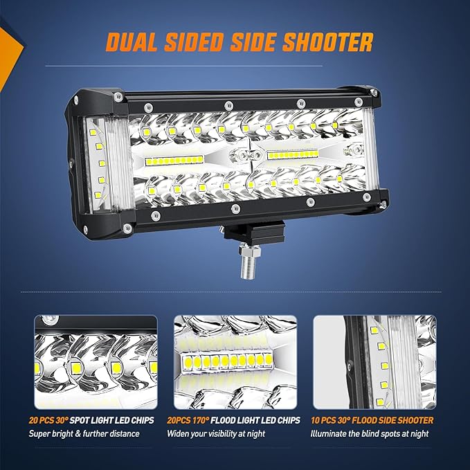 Nilight Side Shooter Light Bar 2 PCS 7 Inch Triple Row Spot Flood Combo Work Off Road Lighting on Truck SUV ATV UTV