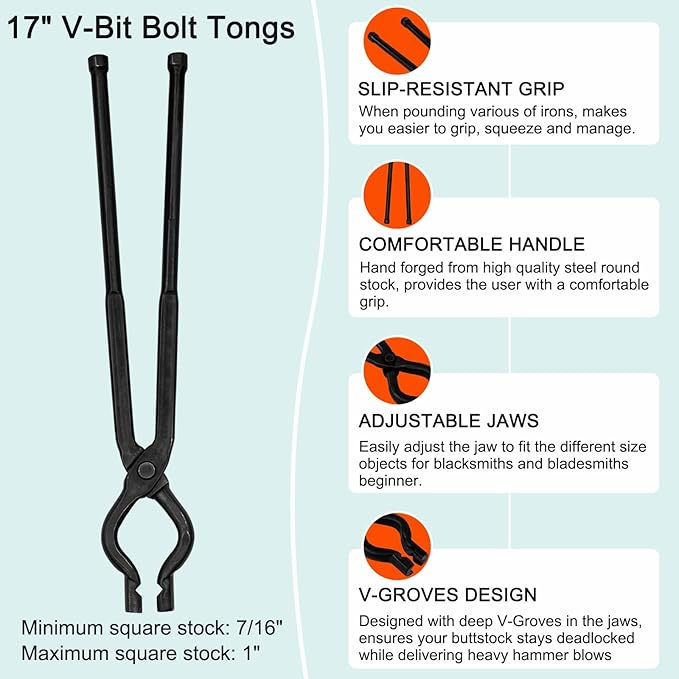 17 Inch V-Bit Bolt Blacksmith Tongs, Wolf Jaw Tongs Assembled Knife Making Blacksmith Bladesmith Anvil Forge Tongs