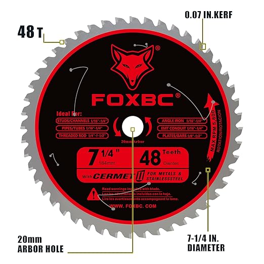 FOXBC 7-1/4 inch Metal Cutting Saw Blade for Evolution, Jancy, Morse and Similar Metal Cutting saws, 20mm Arbor