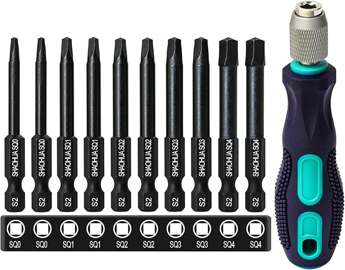 10PCS Square Drive Bits Set, 2.3" Long With 1/4 Inch Magnetic Bit Driver, S2 Steel Allen Wrench Drill Bits, Hex Head Drill Bit Set SQ#0, 1, 2, 3, and #4