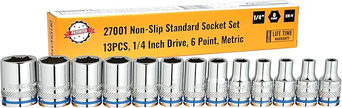 RIGOR 27001 Max-Grip Non-Slip Standard Socket Set, 13-Piece | Anti-Slip Chrome Vanadium Sockets | 1/4-Inch Drive, 6 Point, Metric | Include Durable Plastic Socket Rail.