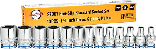 RIGOR 27001 Max-Grip Non-Slip Standard Socket Set, 13-Piece | Anti-Slip Chrome Vanadium Sockets | 1/4-Inch Drive, 6 Point, Metric | Include Durable Plastic Socket Rail.