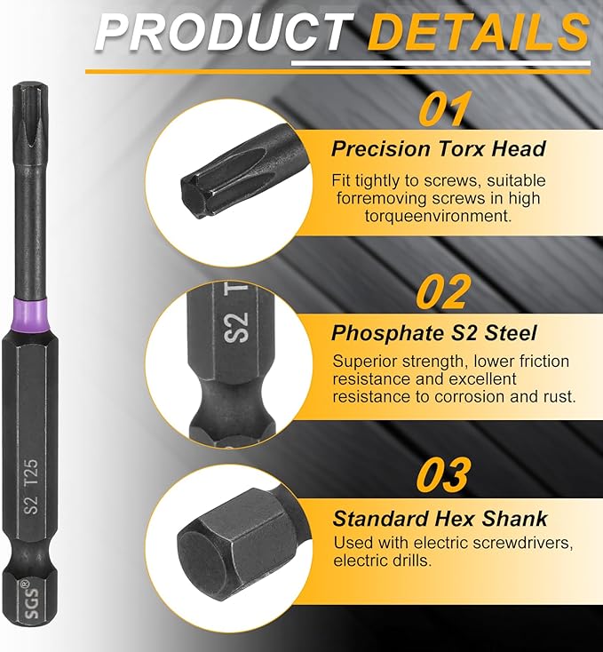 HARFINGTON 5pcs T25 Torx Head Impact Screwdriver Bits 1/4" Hex Shank 2.8" (70mm) Long Magnetic No Hole Tamper Proof 6 Point Star Screw Driver Drill Bits Phosphate S2 Steel Power Tools