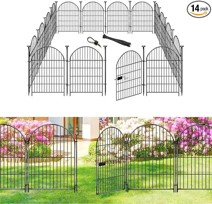 ADAVIN Garden Fence Animal Barrier with Gate 36 in(H)횞30.6 Ft(L) 14 Panels,Rustproof Metal Wire Tall Fencing Border for Dogs Rabbits,Outdoor no dig pet Fences, Arched Black Flower Edging for Yard
