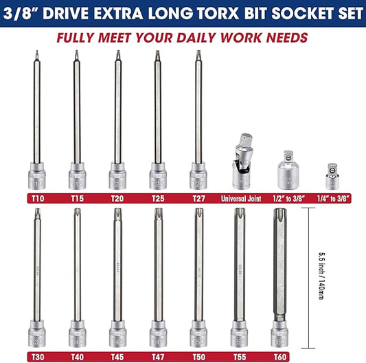 RIZOM 15-Piece 3/8" Drive Extra Long Torx Bit Socket Set, T10-T60 Star Bit Socket Set, CR-V and S2 Steel