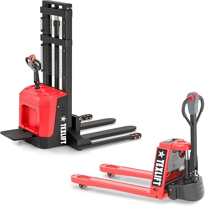 Full Electric Forklift Walkie Pallet Stacker with Stand 3300 Lb Capacity 118 Inch Lifting Height and Full Electric Power Pallet Jack 4400 Lb Capacity 48??L x 27??W Fork Size