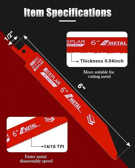 50 Pack 6 inch 14/18 TPI Bi-Metal Auto Dismantling Sawzall Blade for Metal, 6??18-TPI Reciprocating Saw Blades