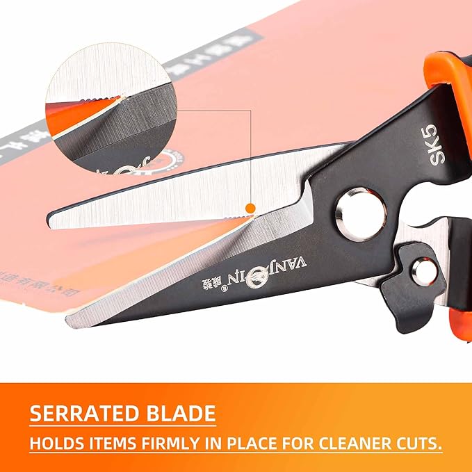Heavy Duty Scissors, 9 Inch Multipurpose Carpet Cutting Scissors with Finely Serrated, Steel Shears Spring Loaded Snips for industry home for Copper Wire, Cardboard, Fabric, Tree Branches
