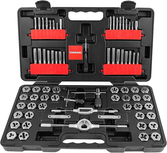 TOMMARS 75-Pc Tap and Die Set, SAE & Metric Hex Thread Taps Dies Wrench Metric Sizes M3 to M12 & Standard Sizes #4 to 1/2" Type NC NF NPT