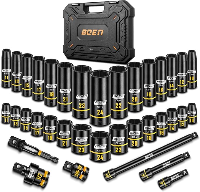 boen 1/2" Drive Impact Socket Set, 36PCS Metric (10-24mm) Deep & Shallow Sockets, 6 Point Design, with Extension Bars, Adapters, Universal Joint, Yellow Embossed Marking