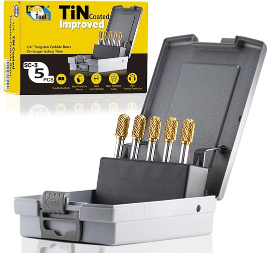 SC-3 5pcs Tungsten Carbide Burr TiN Rotary File Cylindrical Ball Nose End Shape Double Cut for Die Grinder Drill Bits 1/4'' Inch Shank and 3/8'' Inch Diameter of Cutter 3/4'' Inch Cutter Length