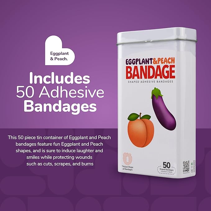 BioSwiss Funny Bandages, Eggplant and Peach Shaped Adult Novelty Self Adhesive Bandage Set, Latex Free, Sterile Wound Care, 50 Count