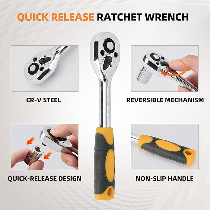 Ratchet Socket Wrench Set Metric, 12PCS Drive Mini Socket Kit with CR-V Steel Sockets (4??3mm) 1/4 Inch, Quick-Release Reversible Ratchet and Extension Bar for Automotive, DIY and Home Repair