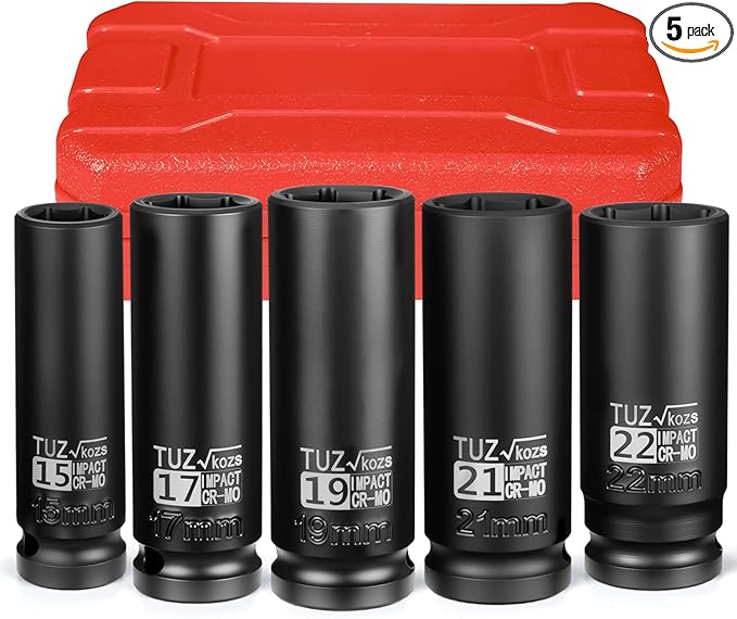 5 Pieces 1/2 inch Drive Deep Impact Socket Set, Metric,15mm 17mm 19mm 21mm 22mm,Cr-Mo,6-Point,Spindle Axle Nut Impact Socket