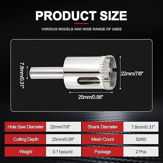 PATIKIL 2pcs 7/8" (22mm) Diamond Hole Saw, Glass Diamond Hole Cutters Hollow Core Drill Bits for Fiberglass, Tile, Porcelain, Ceramic
