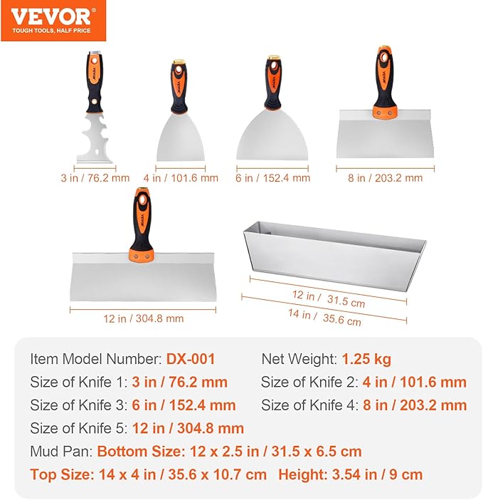 VEVOR Drywall Knife Set, 6 PCS Drywall Tools Includes 3" Painter Scraper, Two Putty Knives, Two Taping Knives and 12" Mud Pan, Stainless Steel Spackle Tool, Drywall Finishing Tools for Home