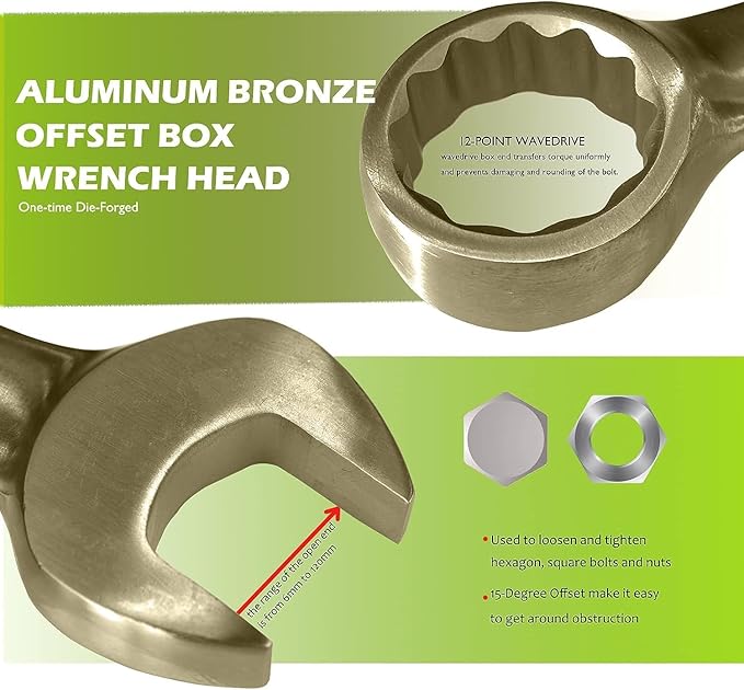 WEDO 23PCS Non-Sparking Combination Wrench Set,SAE 1/4" to 1",Metric 8mm to 24mm,12 Point Design,Aluminum Bronze,Corrosion-resistance,BAM&FM Certificate