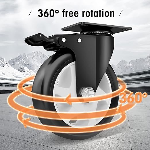 Casters, 5" Caster Wheels竊똂asters Set of 4 Heavy Duty - ASRINIEY Black Polyurethane Castors, Top Plate Swivel Wheels, 4-Pack Industrial Casters with Brake, Locking Casters for Furniture and Workbench