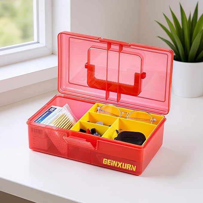 Plastic Tool Box with Lids and Handle,Portable Small Part Organizer Mini Clear Storage Case for Hardware,Screws,Bolts,Nails,Beads,Jewelry and Fishing Accessories Storage,Home DIY(Red)