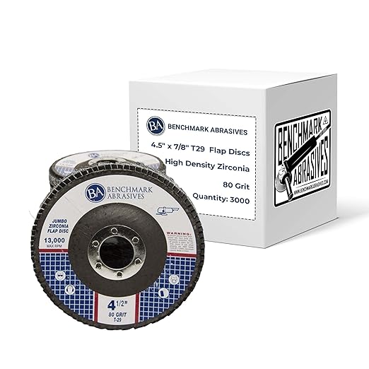Benchmark Abrasives 4.5" x 7/8" Premium High Density Jumbo Zirconia Type 29 Flap Discs 4 1/2 for Angle Grinder, Sanding Discs, Finishing - Grinding Wheels 4 1/2 Inch (3000 Pack) - 80 Grit