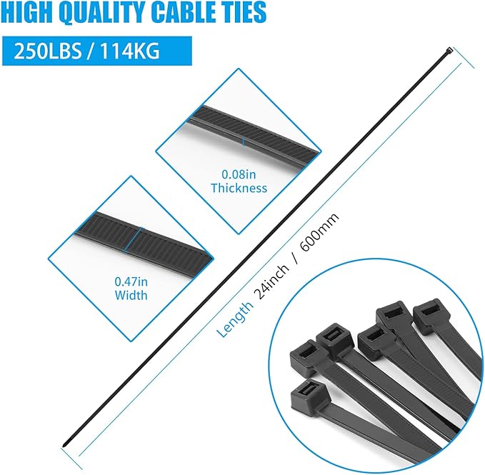 24 inch White Zip Ties Heavy Duty 50 PCS, 250 LBS Ultra Exclusive Strong Plastic Wire Ties, Large Cable Ties Extra Long Tie Wraps, Indoor and Outdoor UV Resistant