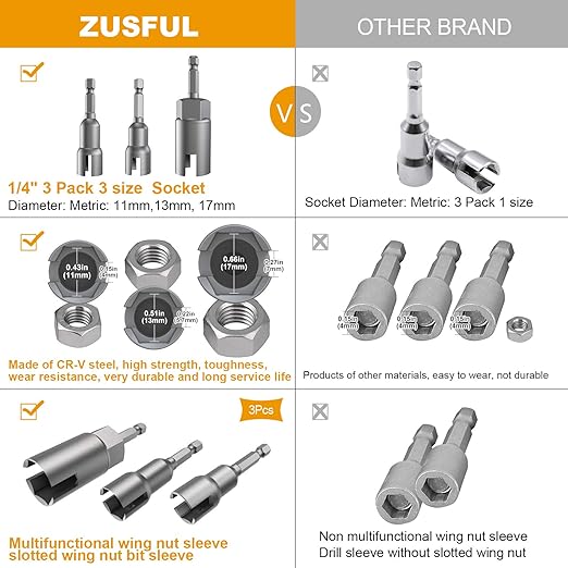 3 Pack 1/4" Hex Shank竊똏ower Wing Nut Driver Set,Slot Wing Nuts Drill Bit Socket Wrenches Tools Set, Drills Bits for Panel Nuts Screws Eye C Hook Bolt