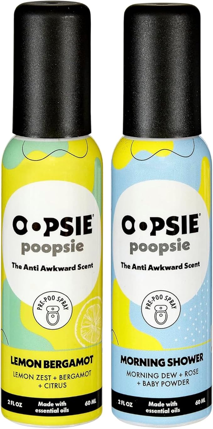 Oopsie Poopsie Pre GO toilet spray, discreet & portable original Pre-poo spray to use on the go. Assorted scents Lemon/Morning Shower Fresh Toilet Odor Eliminator 2oz bottle Gift Set 2 pack