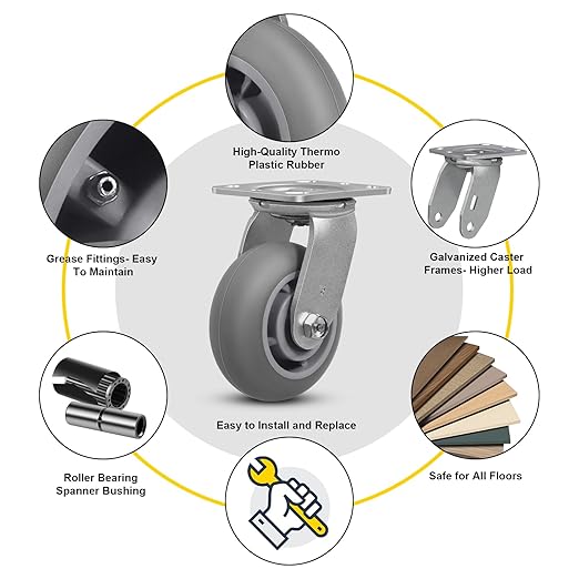 5" x 2" Thermoplastic Rubber Wheels (Crown Tread)-Heavy Duty Casters- 400 Lbs Per Casters- No Noise Plate Caster for Furniture Platform Trucks Workbench (1 Pack Swivel)