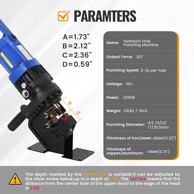1200W Electric Hydraulic Hole Puncher,1HP Steel Punching Machine 過1/4"-4/5",Hole Digger Hydraulic Punch with Carbon Brush 5 Dies for Steel Iron Aluminum Plate,Copper,Angle Steel,110V