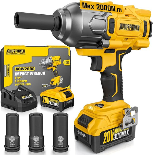 ALLOYPOWER Cordless Brushless Impact Wrench, 1475 ft-lbs (2000N.m), 1/2 High Torque power impact gun, 3-Mode Speed, 4000mAh Battery, 3 Sockets, Electric Impact Wrench Set for Car Tire Truck RV Mower