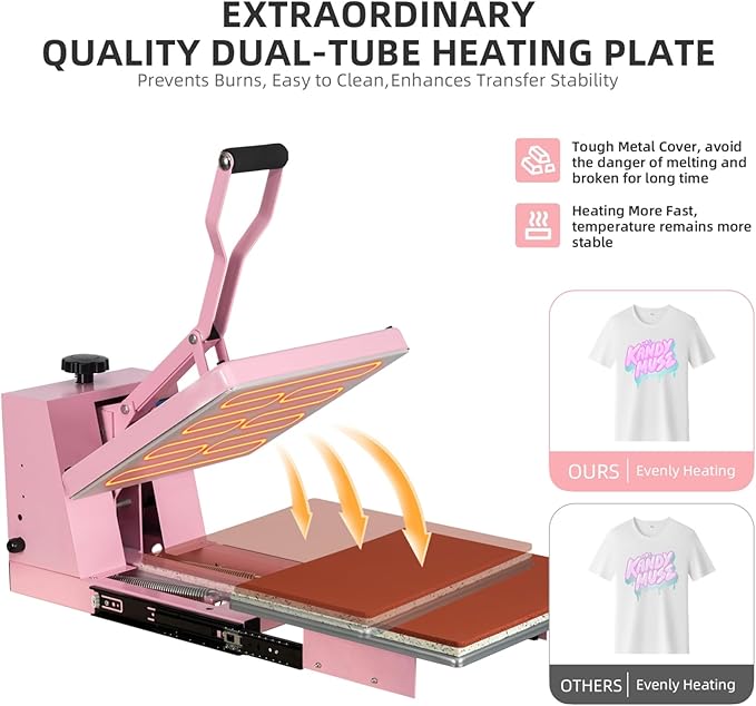 Heat Press 15x15 in, Manual Heat Press Machine for T Shirts, Swing Away T Shirt Pressing Machine for Garments Bag Textile Curtain Mousepad, with Slide-Out Base, Pink