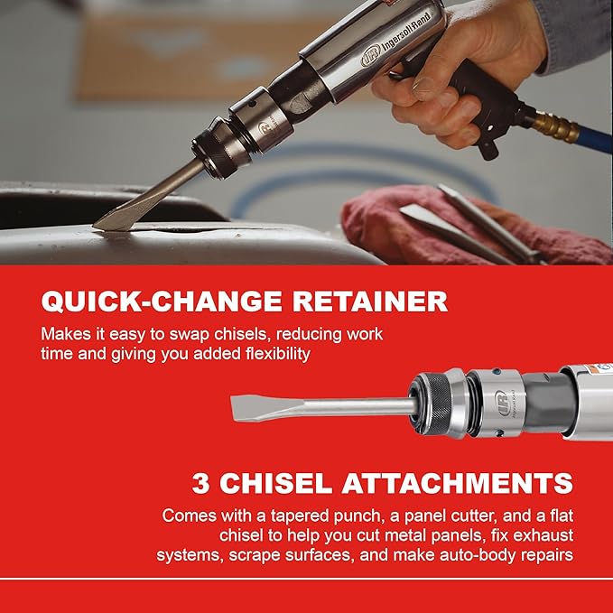 Ingersoll Rand 114GQC Air Hammer - 3 PC Chisel Set with Tapered Punch, Panel Cutter, Flat Chisel, 2-5/8 Inch stroke, 3500 BPM, Lightweight, Compact, Gray