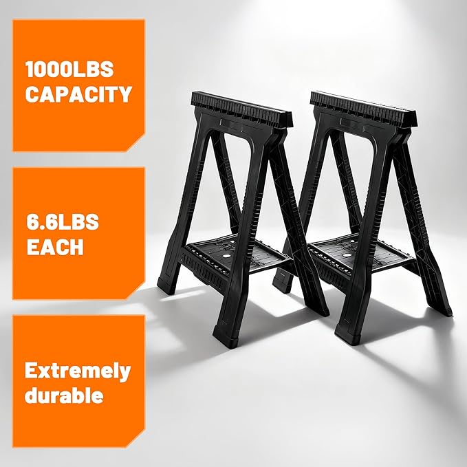 ZYJOYY Saw Horses 2 Pack Folding Heavy Duty , 1000 LBS Total Load Capacity, Folding Sawhorse,Built-In Tool Tray & Cord Hooks, Metal Folding Saw horse for Woodworking