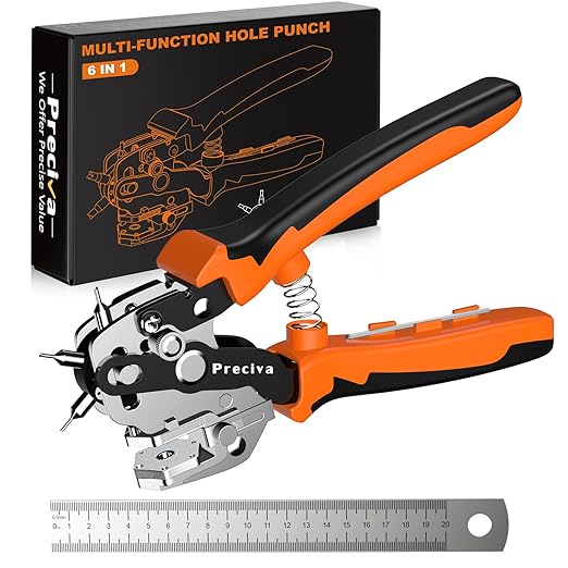 Preciva Hole Punch Plier, Revolving Punch Hole Tool with V-Shaped Cutting Edge Design, 6 Hole Sizes & 20cm Stainless Steel Ruler for Leatherr, Belts, Thin Iron Sheets, Paper Cards, Plastics & Fabrics