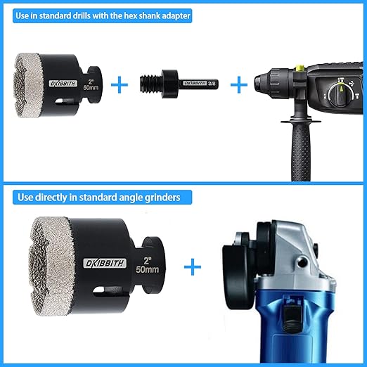 DKIBBITH Dry Diamond Core Drill Bits, 2 Inch Tile 50mm Vacuum Brazed Angle Grinder Hole Saw for Porcelain Ceramic Granite Brick Concrete with 5/8-11 Thread to 3/8'' Hex Shank Adapter, Black