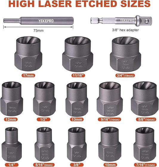 15 PCS Bolt Extractor Set, 3/8" Drive Impact Bolt & Nut Remover Socket Tool Kit, Stripped For Damaged, Frozen, Studs, Rusted, Rounded-Off Bolts, Nuts & Screws, Cr-Mo Steel, T38215