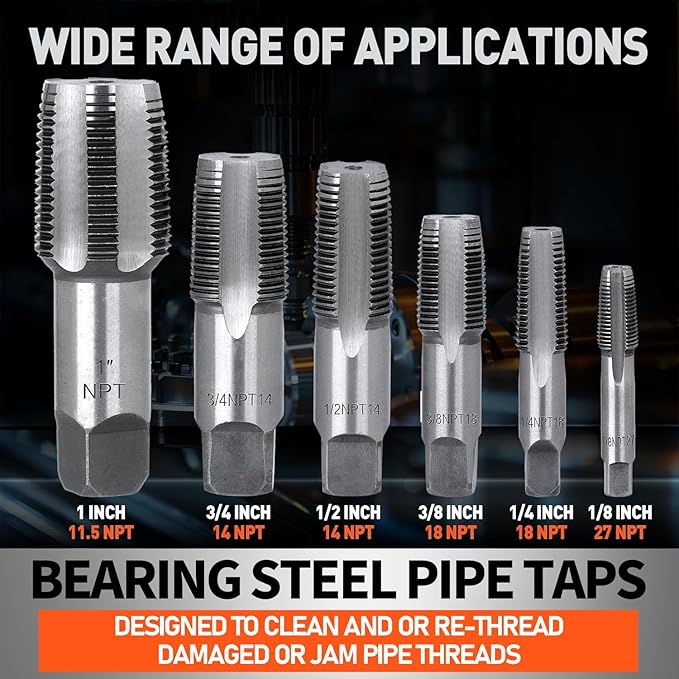 6-Piece NPT Pipe Tap Set, 1", 3/4", 1/2", 3/8", 1/4", 1/8" Taps Threading Tool, Precision Bearing Steel Tap Set Metric and Standard for Clean and Re-Thread Damaged or Jam Pipe Threads in Storage Case