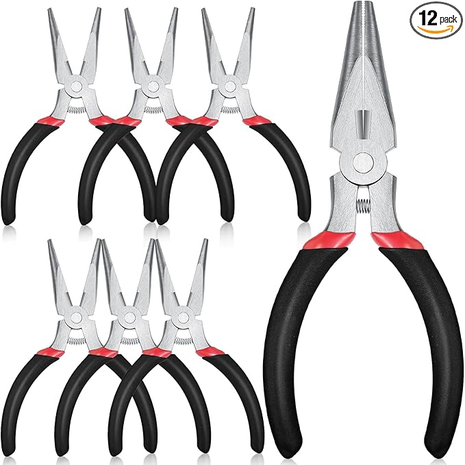 Lasnten 12 Pack Mini Needle Nose Pliers Bulk, 5 Inch Small Long Nose Pliers with Side Cutter, Spring Loaded Thin Needle Precision Tool for Crafts Jewelry Making Tiny Project DIY (Black)