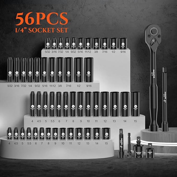 1/4" Drive Impact Socket Set, Cr-V Steel, 6 Point, 56-Piece Standard Metric (4-15mm) and SAE (5/32-Inch to 9/16-Inch) Sockets with Adapters & Ratchet Handle, Extension Bars, Universal Joint