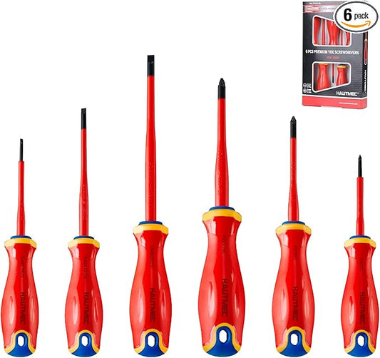 HAUTMEC Insulated Screwdriver Set, 6-Piece Electrician Screwdriver Set, VDE & GS Certified 1000V, with S2 Steel Magnetic Tips and Tri-Material Handles for Professional Electrical Work, HT0331