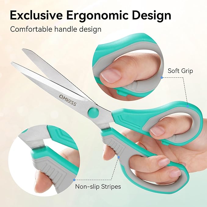 QMVESS 8.5" Scissors All Purpose 3 Pack, Ultra Sharp 2.5mm Thick Blade Scissors for Office, Professional Ergonomic Comfort Grip for Office School Home Fabric Sewing DIY Craft Cutting General Use
