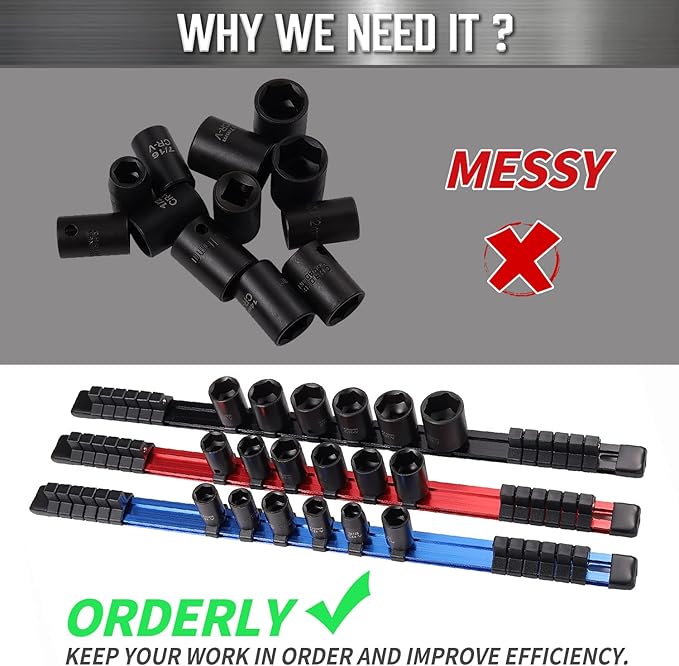 ALOANES 3-Piece 1/2-Inch Drive Aluminum Alloy Socket Organizer, Heavy Duty Socket Racks, Socket Holder Kit for Toolbox Drawer Fit 1/2-Inch x 48 Clips (Black)