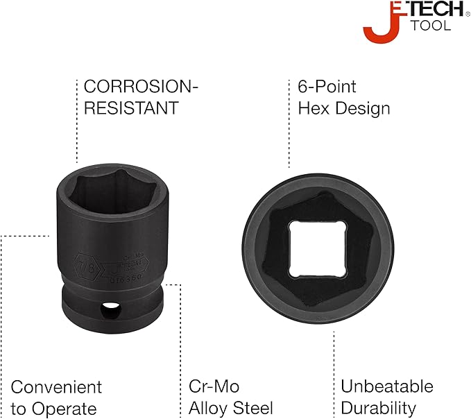 Jetech 1/2 Inch Drive 7/8 Inch Standard Impact Socket, Made with Chrome Molybdenum Alloy Steel, Heat Treated, 6-Point Design, SAE